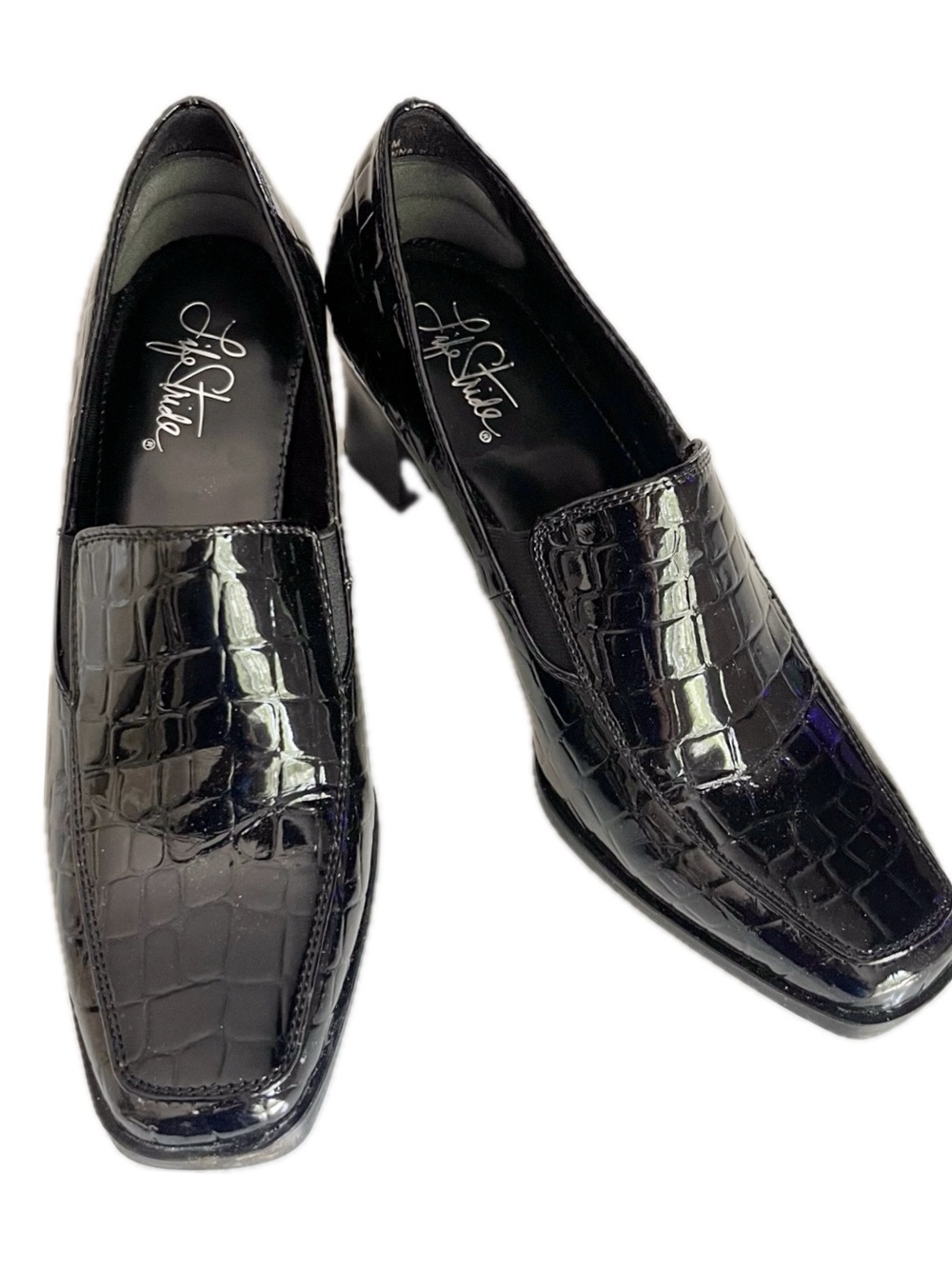 LIFE STRIDE Shoes 7.5 Black Patent Croc Loafers Block Heel Square Toe Slip On